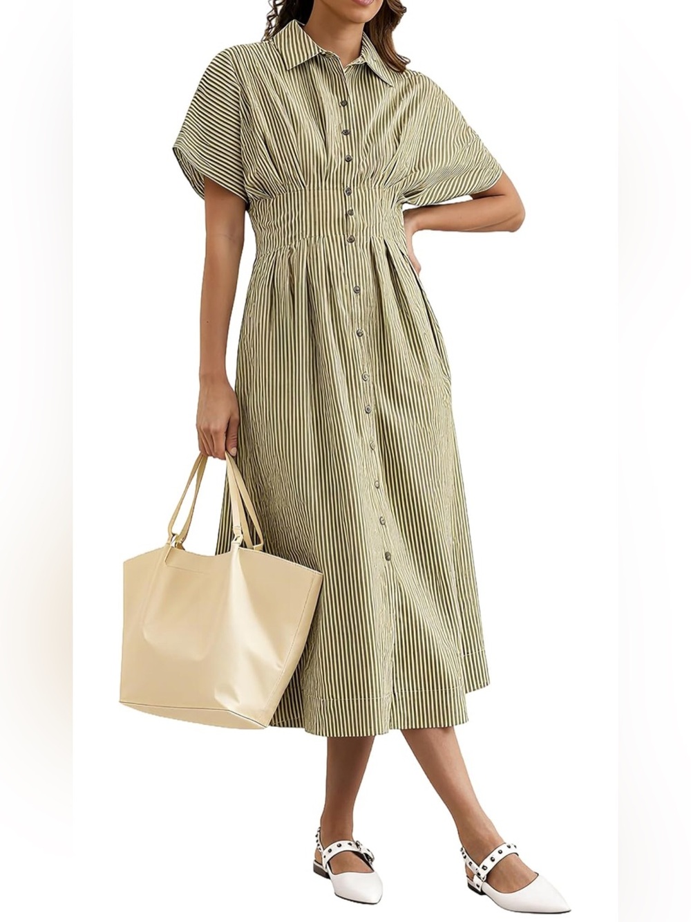 Women’s Olive Green Striped Button-Front Dress